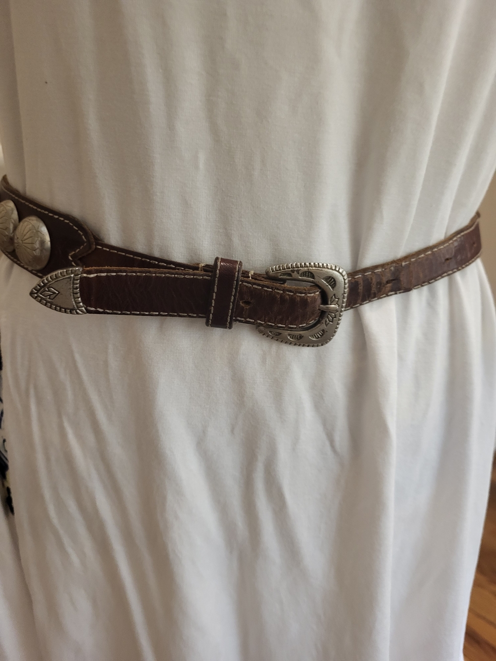 Dark Brown Leather Western Belt with Silver Buckle